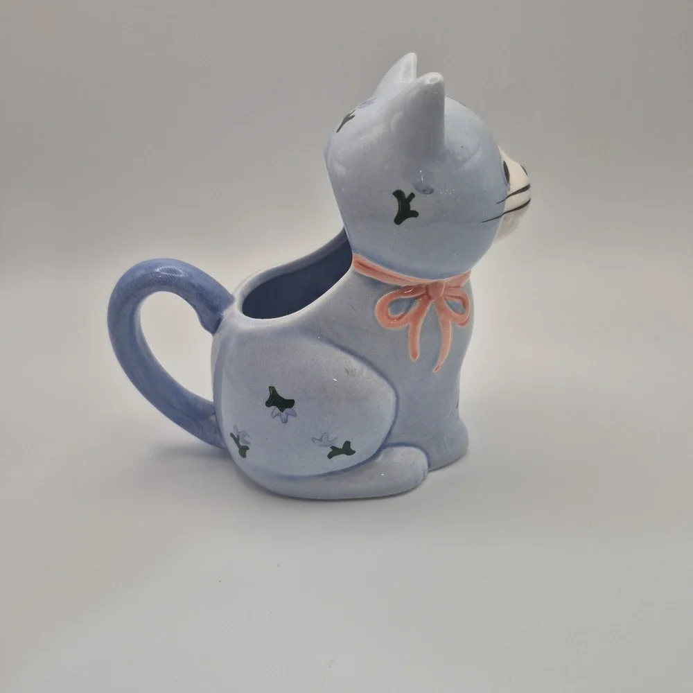 Vintage Otagiri Blue Floral & Ribbon Kitty Cat Cream Pitcher 5